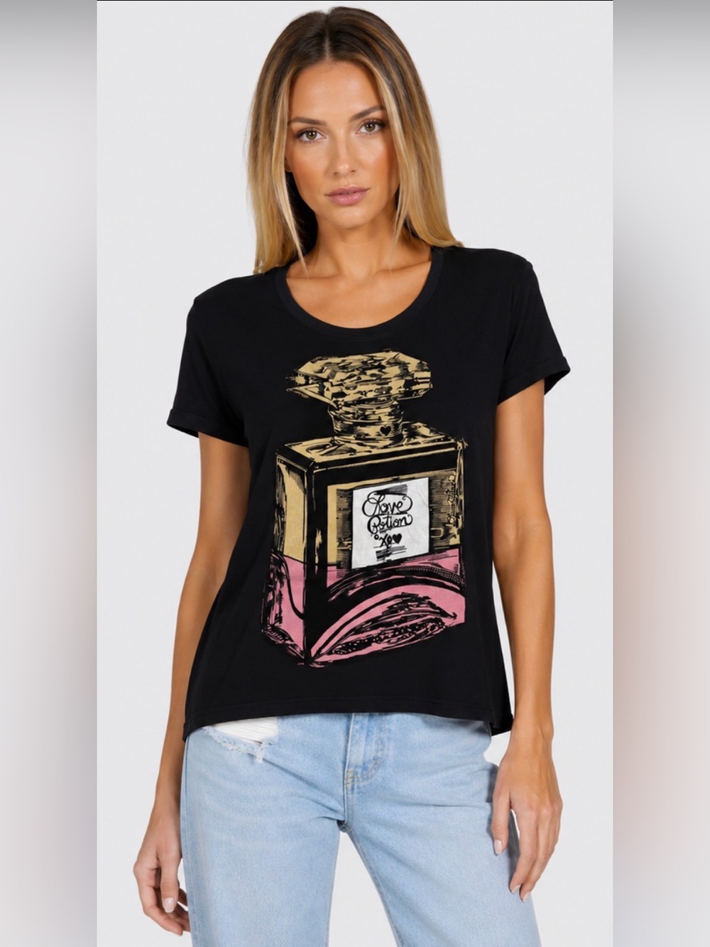Lauren Moshi Love Potion Perfume Bottle Graphic V Neck Tee Black Size XS…